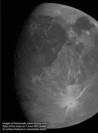  ??  ?? Images of Ganymede, taken during Juno’s flyby of the moon on 7 June 2021, reveal its surface features in remarkable detail