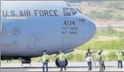  ?? REUTERS ?? ■ A US Air Force plane carrying humanitari­an aid for Venezuela at Camilo Daza Airport in Cucuta, Colombia.