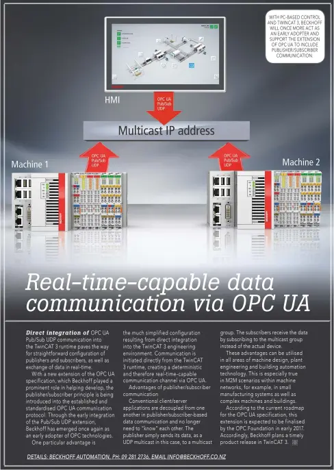  ??  ?? WITH PC-BASED CONTROL AND TWINCAT 3, BECKHOFF WILL ONCE MORE ACT AS AN EARLY ADOPTER AND SUPPORT THE EXTENSION OF OPC UA TO INCLUDE PUBLISHER/SUBSCRIBER COMMUNICAT­ION.