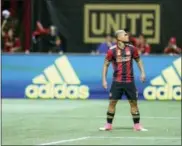  ?? MIGUEL MARTINEZ — THE ASSOCIATED PRESS ?? Atlanta United forward Josef Martinez turns to the stands after scoring against the Los Angeles Galaxy last Wednesday. Atlanta plays host to the Union tonight.