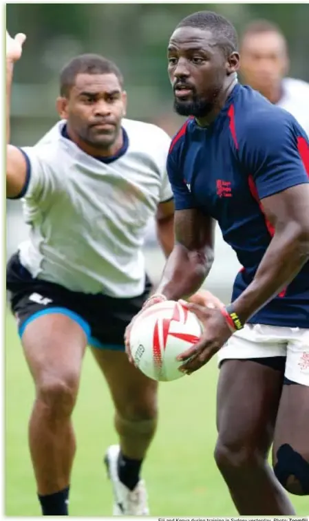  ??  ?? Fiji and Kenya during training in Sydney yesterday.