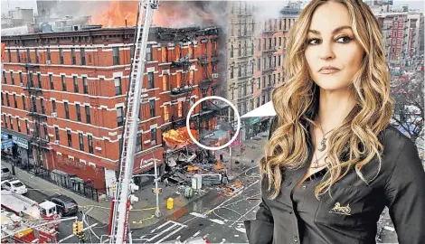  ??  ?? TRAGEDY AT HOME: Drea de Matteo (right) lost her East Village apartment (below, with a family friend in the photo), when the building next door exploded in 2015 and both structures were reduced to rubble.