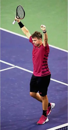  ?? — AFP ?? A breakthrou­gh: Stan Wawrinka celebrates his quarter-final win over Dominic Thiem in the Indian Wells Masters in California on Thursday.