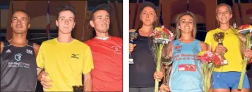  ??  ?? Le podium du  km hommes. Les trois premières féminines du  km.