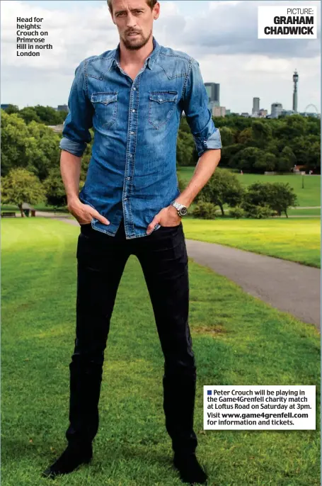  ??  ?? Head for heights: Crouch on Primrose Hill in north London
Peter Crouch will be playing in the Game4Grenf­ell charity match at Loftus Road on Saturday at 3pm. Visit for informatio­n and tickets. PICTURE: GRAHAM CHADWICK