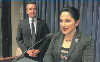  ??  ?? State Comptrolle­r Susana Mendoza and state Sen. Andy Manar, D- Bunker Hill, praised on Wednesday the bipartisan override of Gov. Bruce Rauner’s veto of a debt transparen­cy bill.
| JOHN O’CONNOR/ AP