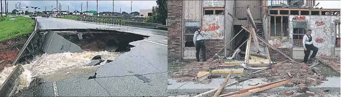  ??  ?? La autopista de Rosenberg, cerca de Houston, se abrió tras las corrientes dejadas por Harvey. Los miembros del equipo de rescate buscan personas que estén atrapadas en Rockport, Texas.