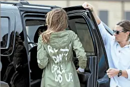  ?? ANDREW HARNIK/AP ?? First lady Melania Trump wears a pith helmet in Kenya, at top, and a jacket saying, “I really don’t care, do u?” after visiting immigrant children at the border with Mexico.