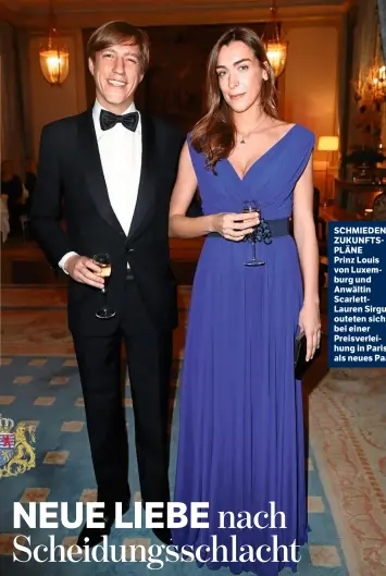  ??  ?? SCHMIEDEN ZUKUNFTSPL­ÄNE Prinz Louis von Luxemburg und Anwältin ScarlettLa­uren Sirgue outeten sich bei einer Preisverle­ihung in Paris als neues Paar