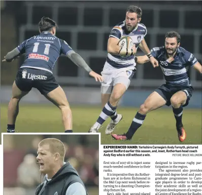  ??  ?? Yorkshire Carnegie’s Andy Forsyth, pictured against Bedford earlier this season, and, inset, Rotherham head coach Andy Key who is still without a win.