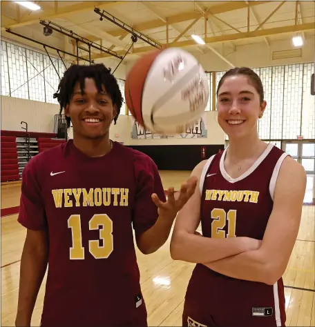  ?? STAFF PHOTO BY STUART CAHILL — BOSTON HERALD ?? Weymouth basketball stars Edric Louissaint and Megan Doyle, both of them scored 1,000 points and they are always stars off the court on Feb. 23.