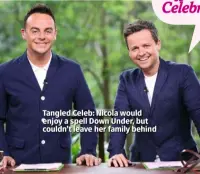 ??  ?? Tangled Celeb: Nicola would enjoy a spell Down Under, but couldn’t leave her family behind