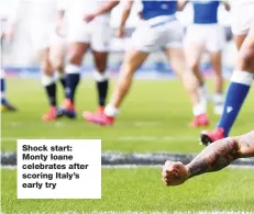  ??  ?? Shock start: Monty Ioane celebrates after scoring Italy’s early try