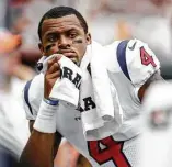  ?? Karen Warren / Houston Chronicle ?? The Texans have seen the last of quarterbac­k Deshaun Watson, left, on the sideline for this season and must now adapt to moving forward with Tom Savage under center.