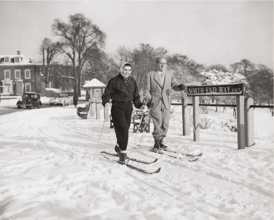  ?? ?? Well, that’s one way to attempt a commute. This skiing couple were spotted in Hampstead, London, in 1955. As one of the capital’s highest areas, Hampstead Heath is always a popular destinatio­n when snow falls. Visit hampsteadh­eath.net/snow for photos dating back to 1876.