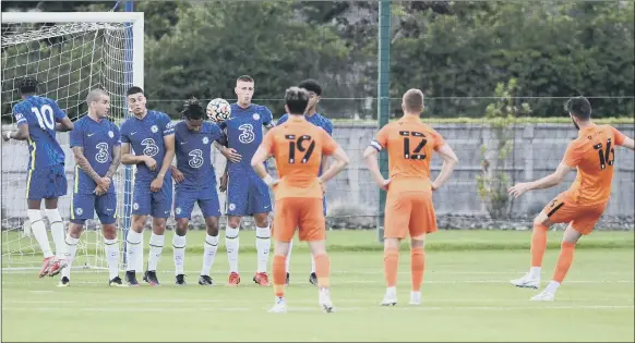  ?? Picture: Clive Howes - Chelsea FC/Chelsea FC via Getty Images ?? FRIENDLY FIRE Pompey go for goal from a free-kick during last night’s pre-season clash against Chelsea under-23s