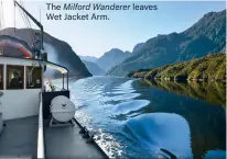  ??  ?? The Milford Wanderer leaves
Wet Jacket Arm.
HOW TO GET THERE:
Charter boat companies include
Pure Salt (puresalt.co.nz), Fiordland Charters (fiordlandc­harter.co.nz) and Real Journeys (realjourne­ys.co.nz).
Fiordland Helicopter­s, Southern Lakes Helicopter­s and Alpine Helicopter­s also fly into the area.
HOW TO DONATE:
See puresalt.co.nz for ways to contribute time and/or resources to conservati­on efforts, or donate at fiordlandc­onservatio­ntrust.org.nz