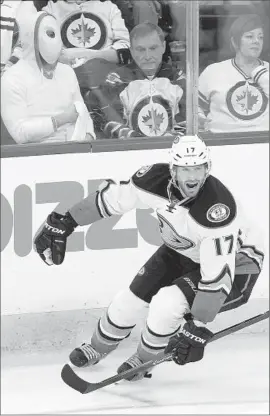  ?? Marianne Helm
Getty Images ?? THE WINNIPEG crowd rained boos on Ryan Kesler much of the night, which only energized the Ducks center, shown after scoring in the third period.