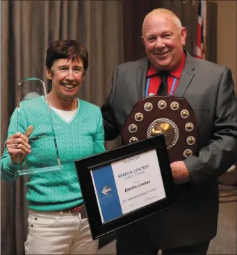  ??  ?? Speakeasy Toastmaste­r Deirdre Linehan, pictured picking up her District 71 winner’s award earlier this year, is bound for the Toastmaste­rs world championsh­ips in Chicago.