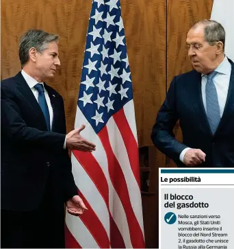  ?? (foto Ap) ?? A Ginevra
Il segretario di Stato americano Antony Blinken e il ministro degli Esteri russo Sergeij Lavrov si salutano prima dell’incontro per discutere delle tensioni in Ucraina