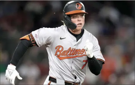  ?? AP photo ?? Baltimore’s Jackson Holliday grounds into a force out during the fifth inning of a game against Boston on Wednesday in Boston.