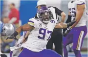  ?? AP FILE PHOTO ?? Vikings defensive end Everson Griffen reacts after a play during a Nov. 23 game against the Lions in Detroit. Two of the league’s top four defenses go at it Sunday when the Philadelph­ia Eagles (14-3) host the Minnesota Vikings (14-3) in the conference title game.