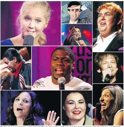  ??  ?? The biggest stars in comedy have performed at Just for Laughs over the last 35 years, including clockwise from top left: Amy Schumer, Jerry Seinfeld, Sugar Sammy, John Candy, André-Philippe Gagnon, Chelsea Peretti, Roseanne Barr, Julia-Louis Dreyfus, Jerry Lewis and Kevin Hart (centre).