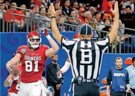  ?? [PHOTO BY SARAH PHIPPS, THE OKLAHOMAN] ?? Mark Andrews caught three passes for 68 yards and a touchdown in the Sugar Bowl. The Oklahoma tight end’s playmaking abilities are dynamic and known, which makes him the most important skill player not named Baker Mayfield on the Sooners’ roster.