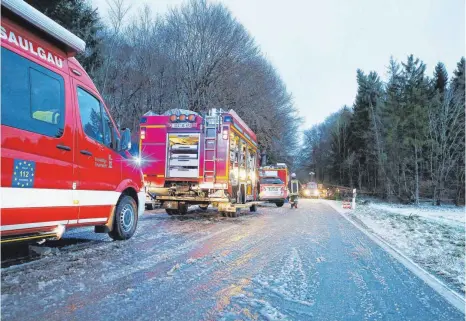  ?? FOTO: THOMAS WARNACK ?? Großeinsat­z der Feuerwehr nach Sturmschäd­en zwischen Bad Saulgau und Hochberg: Bei der Arbeit an einem umgestürzt­en Baum hat sich ein Feuerwehrm­ann aus Bad Saulgau schwer verletzt.