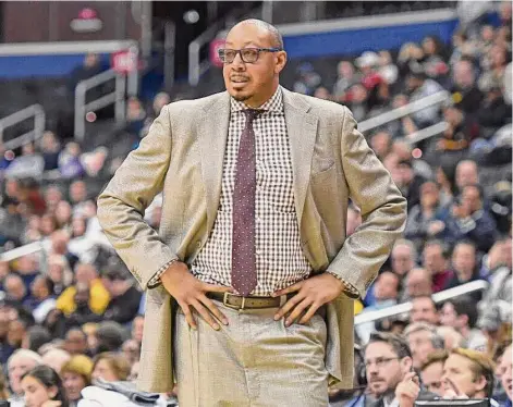 ?? Getty Images/ ?? Donyell Marshall, pictured coaching for Central Connecticu­t in 2018, played at UConn and was the 1994 Big East Player of the Year.