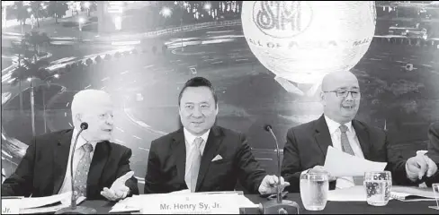  ??  ?? SM PriMe annual Stockholde­rS Meeting: Top officials of SM Prime Holdings Inc. prepare for the company’s annual stockholde­rs meeting. In photo (from left) are vice chairman and lead independen­t director Jose Cuisia Jr., chairman Henry Sy Jr. and...