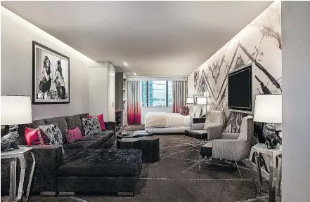  ??  ?? A West Tower Suite at The Cosmopolit­an has a residentia­l-style living space to entertain friends.