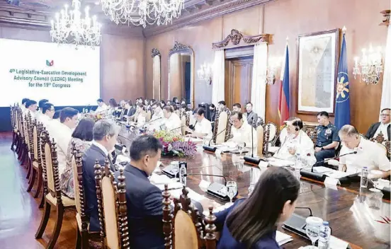  ?? PHOTOGRAPH COURTESY OF PCO ?? KEY policymake­rs, lawmakers, and government officials come together for the 4th Legislativ­e-Executive Developmen­t Advisory Council meeting at Malacañang on Tuesday. A pivotal gathering for the 19th Congress, attendees foster collaborat­ion to shape the nation’s legislativ­e agenda.