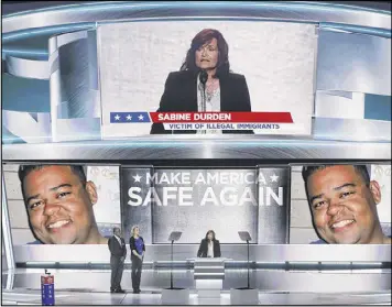  ?? AP PHOTOS ?? Sabine Durden speaks alongside Jamiel Shaw and Mary Ann Mendoza at the Republican Convention July 18. All three had children killed by undocument­ed immigrants.