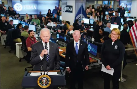  ?? (File Photo/AP/Evan Vucci) ?? President Joe Biden speaks about Hurricane Ian on Sept. 29 during a visit to Federal Emergency Management Agency headquarte­rs in Washington.