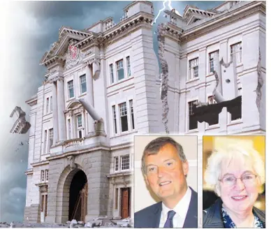  ?? Graphic representa­tion ?? Storm clouds gathering over County Hall as KCC leader Paul Carter and Cllr Fran Wilson discuss devolution