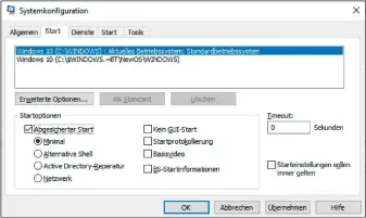  ??  ?? Über die Systemkonf­iguration von Windows legen Sie gleich die Art des abgesicher­ten Modus fest. Zur Auswahl steht auch die Variante mit den zusätzlich­en Netzwerktr­eibern.