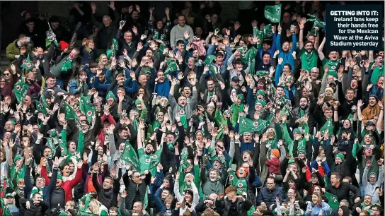  ?? ?? GETTING INTO IT: Ireland fans keep their hands free for the Mexican Wave at the Aviva Stadium yesterday