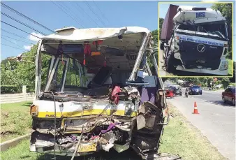  ??  ?? TOTAL WRECK — This minibus is a total wreck after figuring in a head-on collision with a truck (inset) the other night that resulted in the death of the bus driver and the injury of 48 people in Balanga City, Bataan. (Mar T. Supnad)