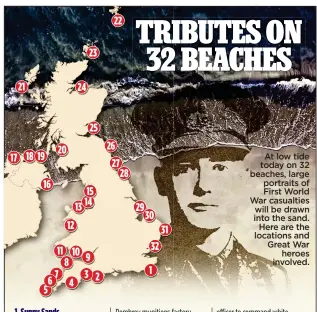  ??  ?? At low tide today on 32 beaches, large portraits of First World War casualties will be drawn into the sand. Here are the locations and Great War heroes involved.