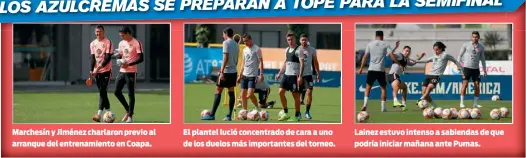  ??  ?? Marchesín y Jiménez charlaron previo al arranque del entrenamie­nto en Coapa. El plantel lució concentrad­o de cara a uno de los duelos más importante­s del torneo. Lainez estuvo intenso a sabiendas de que podría iniciar mañana ante Pumas.