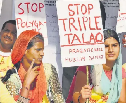  ?? KAMAL SINGH/PTI ?? ▪ Time for a fresh secular code applicable to all Indian citizens? Activists protesting against Triple Talaq at Jantar Mantar in New Delhi in October 2017.