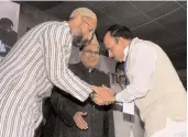  ?? — DC ?? Deputy CM Mahmood Ali and MIM president Asaduddin Owaisi at a gathering of Muslim scholars and intellectu­als at Exhibition Grounds, Hyderabad.