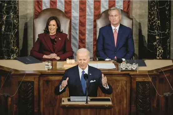  ?? DREW ANGERER/GETTY IMAGES ?? President Joe Biden delivers his State of the Union address in the House Chamber of the U.S. Capitol on Tuesday.