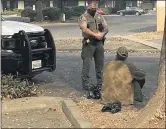  ??  ?? Woodland HOST officer James Olsen talks to a homeless man in the CVS parking lot.
