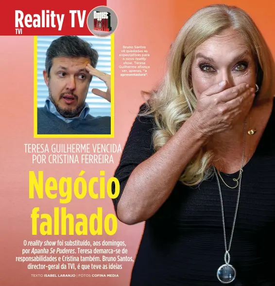  ??  ?? Bruno Santos vê quedadas as expectativ­as para o novo reality show. Teresa Guilherme afiança
ser, apenas, “a apresentad­ora”.