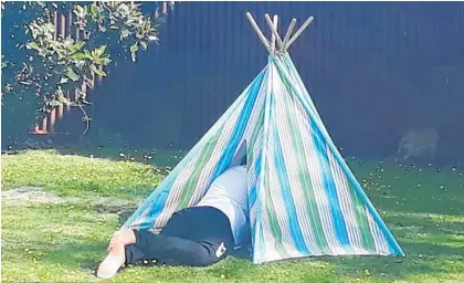  ??  ?? Science correspond­ent Jamie Morton escapes the family for a Zoom call with Sir Peter Gluckman by hiding in a play teepee on the lawn in April.