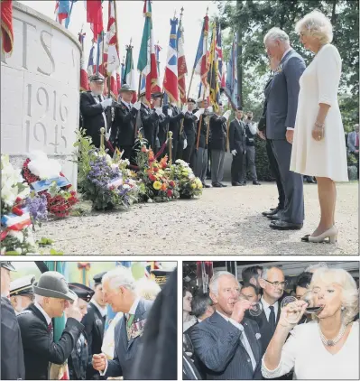  ?? PICTURES: ANDREW MATTHEWS/ ARTHUR EDWARDS/THE SUN/PA WIRE. ?? TRIBUTE: The Prince of Wales and Duchess of Cornwall during VE Day Commemorat­ions in Parc Tete d’Or, Lyon, France as part of their visit to the country; the couple at a culinary celebratio­n at the Les Halles de Lyon-Paul Bocuse food market