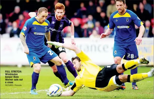  ?? PICTURES: Pinnacle ?? FULL STRETCH: Wimbledon keeper Ross Worner cuts out a cross