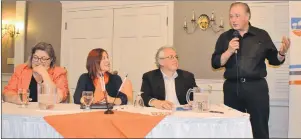  ?? KATIE SMITH/THE GUARDIAN ?? P.E.I. NDP leadership candidates Margaret Andrade, left, Susan MacVittie and Joe Byrne are joined by moderator Dr. Herb Dickieson as they discuss issues that affect Islanders at a March 29 debate in Summerside.